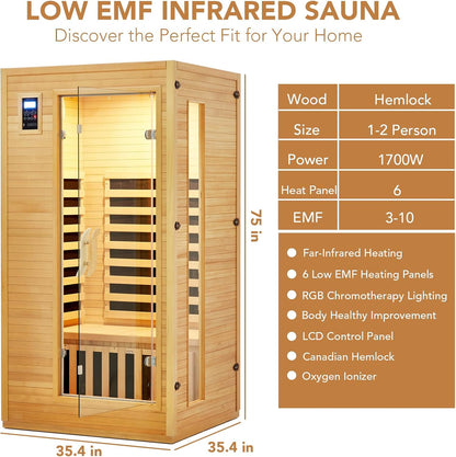 2024 Upgrade 1 to 2 Person Infrared Sauna, Low EMF Infrared Sauna for Home, Indoor Sauna Room, Hemlock Wooden Far Infrared Sauna, Dry Sauna with Bluetooth Speakers, LED Reading and Chromotherapy Lamp