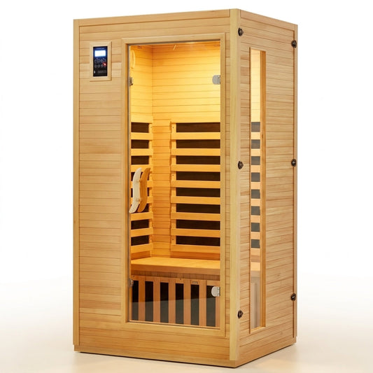 2024 Upgrade 1 to 2 Person Infrared Sauna, Low EMF Infrared Sauna for Home, Indoor Sauna Room, Hemlock Wooden Far Infrared Sauna, Dry Sauna with Bluetooth Speakers, LED Reading and Chromotherapy Lamp — Studio Shot