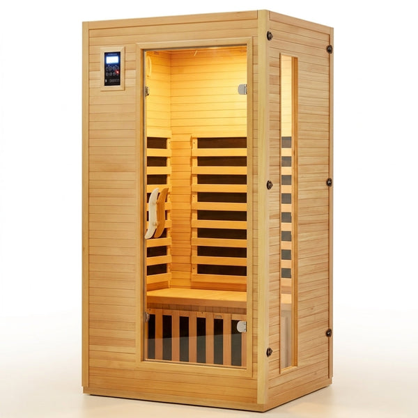 2024 Upgrade 1 to 2 Person Infrared Sauna, Low EMF Infrared Sauna for Home, Indoor Sauna Room, Hemlock Wooden Far Infrared Sauna, Dry Sauna with Bluetooth Speakers, LED Reading and Chromotherapy Lamp — Studio Shot