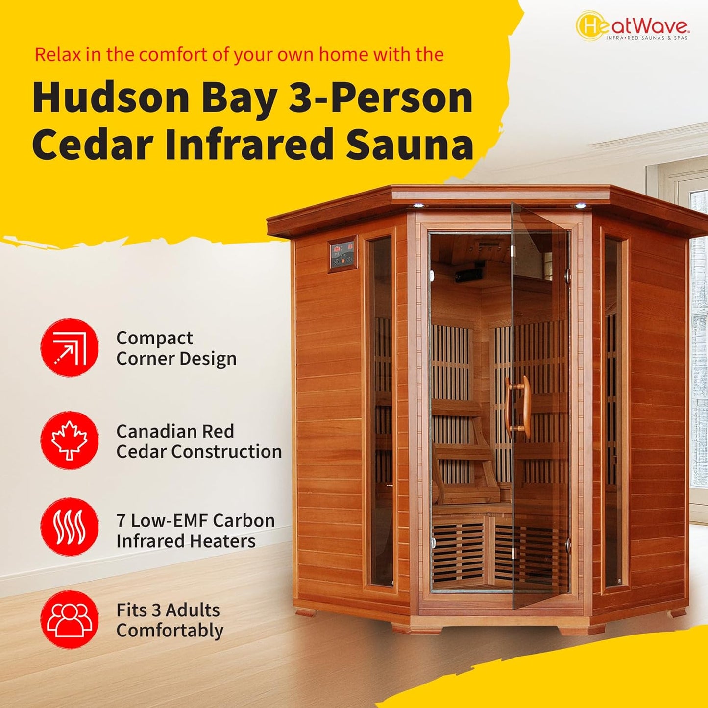 Hudson Bay 3-Person Cedar Corner Infrared Sauna with 7 Carbon Heaters