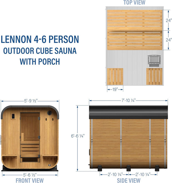 Lennon 4-6 Person Traditional Cedar Outdoor Cube Sauna with Porch, Electric Sauna Heater, Sauna Rocks, Dry Heat, Steam Sauna, LED Lights, Wi-Fi Control, Sauna Accessories