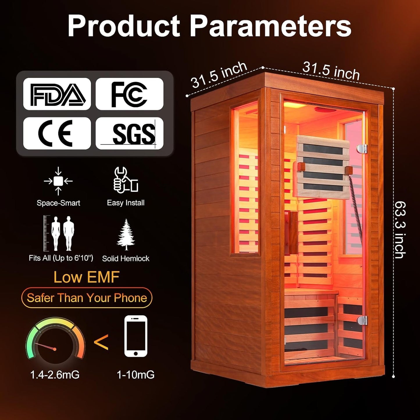 Infrared Sauna with Fda-Certified Red Light Therapy 660Nm & 850Nm | Full Spectrum, Ultra Low EMF, Fast Heat-Up, Canadian Hemlock, 7 PCS Carbon Fiber Heaters, Easy Assembly, 1170W 110V