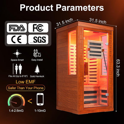 Infrared Sauna with Fda-Certified Red Light Therapy 660Nm & 850Nm | Full Spectrum, Ultra Low EMF, Fast Heat-Up, Canadian Hemlock, 7 PCS Carbon Fiber Heaters, Easy Assembly, 1170W 110V