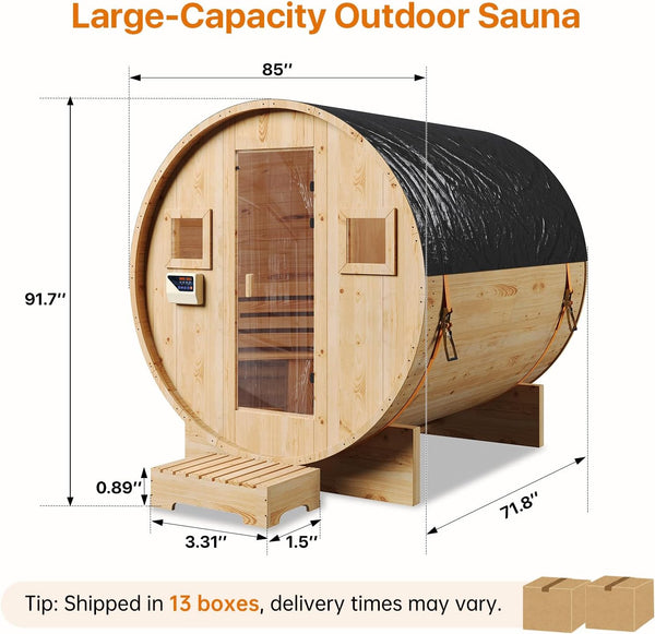 Outdoor Traditional Barrel Sauna | 4-6 Person Wood Sauna, Steam and Wet Sauna with 220V with 6KW Electric Heater, Sauna Stone